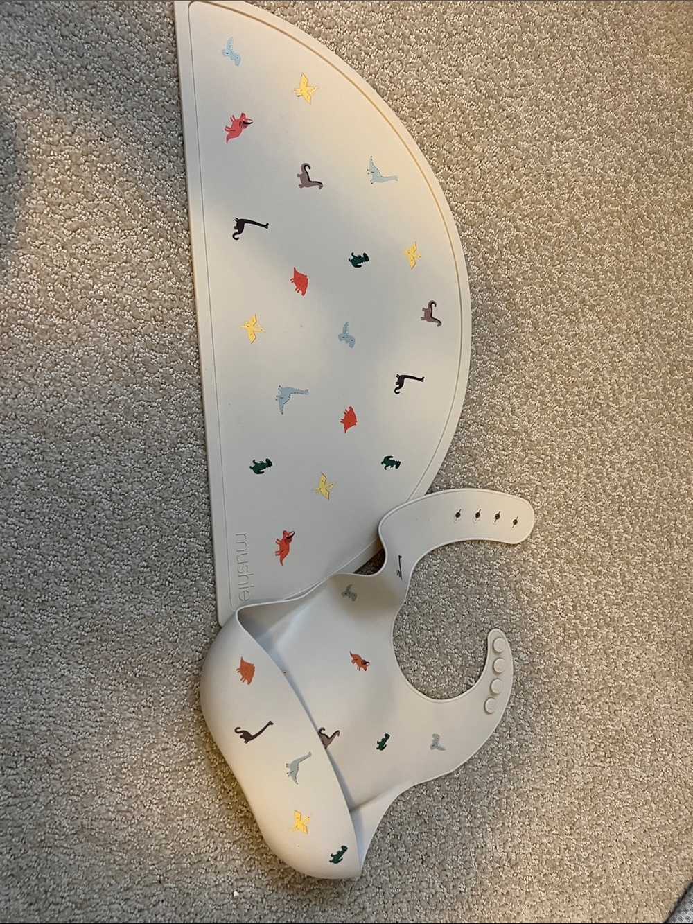Mushie White Silicone Baby Bib with Colorful Dino Print - Adjustable